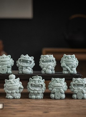 小清新可爱石狮子招财进宝一对礼盒装创意风狮爷茶宠摆件鱼缸造景