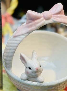 陶瓷兔子女生可爱装饰摆件卡通钥匙收纳玄关摆设立体篮子小宠沙盆