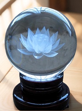 水晶球摆件内雕财神恭喜发财莲花客厅办公装饰工艺品摆台送礼乔迁