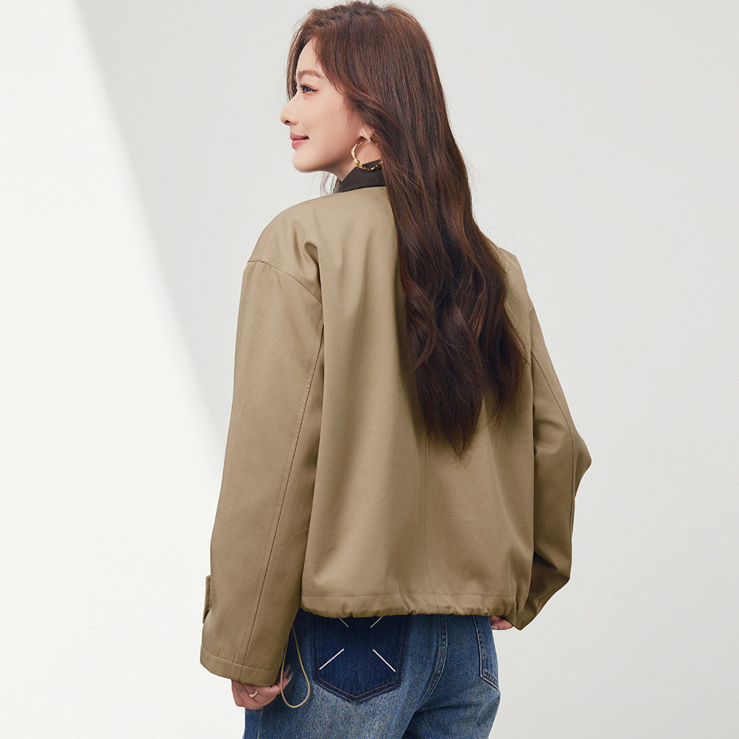 Smen诗萌简约现代风翻领加棉短外套女2026短款卡其色休闲外套时尚,淘宝优惠券,粉丝福利购,淘宝优惠卷