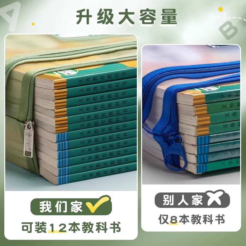 学科科目分类袋学生文件袋拉链式双层考试袋初中生用A4资料袋作业袋书本课本分科书袋试卷收纳袋网纱透明袋子