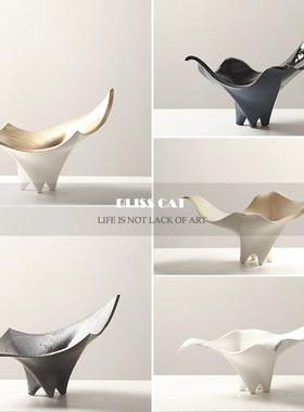 现代简约金色几何陶瓷果盘客厅餐桌茶几设计师创意艺术置物盘摆件