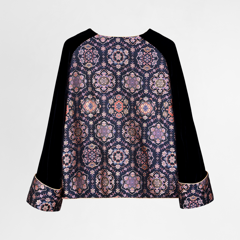 【陆美英 黑织金宝相花】宋锦拼丝绒上衣新中式国风休闲气质女装 - 图0