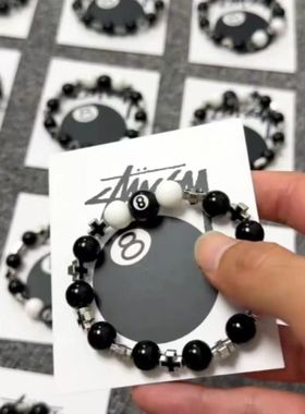 热销台球手串黑八情侣金属十字架珐琅手链原创送男友黑8手链