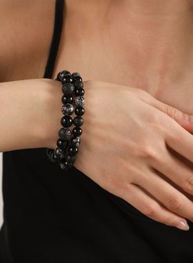 爆款手工天然火山石雪花石珠子手链男复古10/8mm弹力珠子情侣手串