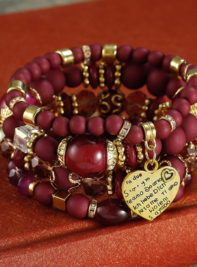 时尚简洁多层组合波西米亚金属爱心坠气质多层珠女时尚手串手链