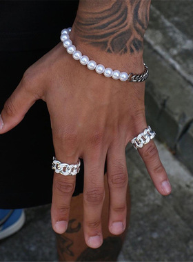 钛钢古巴链条珍珠手链 冷淡风时尚ins小众嘻哈简约情侣手链潮酷