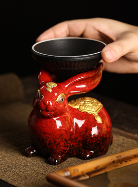 新中式红色吉祥物兔陶瓷摆件客厅酒柜博古架办公室桌面装饰工艺品