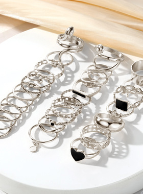 欧美金属黑色滴胶爱心方形戒指27件套法式复古几何开口戒指套装批