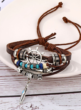 韩饰界欧美新款绿松石多层皮手链 创意复古黑色男士手链