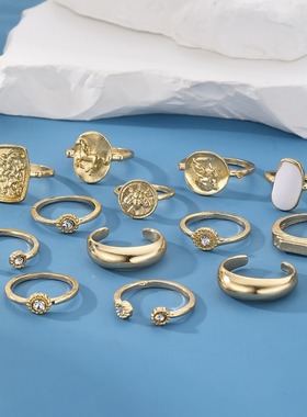 热销戒指时尚白色滴油开口可调节镶钻镂空浮雕人像组合13件套