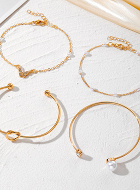 欧美新款打结开口手镯个性风潮镶钻蝴蝶手链珍珠4件套手饰批