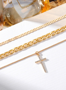 欧美饰品 混搭十字链条项饰 个性满钻十字架心形吊坠多层项链