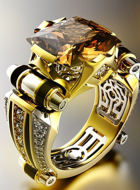 2025新款欧美嘻哈镶钻潮流男士宽面金色戒指跨境爆款时尚