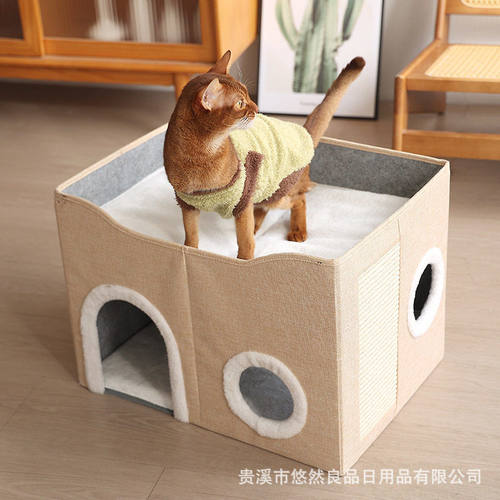 四季通用宠物窝双层猫窝磨爪宠物用品可折叠半封闭猫房子室内狗屋 - 图2