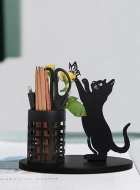 亚马逊新品黑猫笔筒铁艺创意极简办公桌面摆件书桌收纳笔筒工艺品