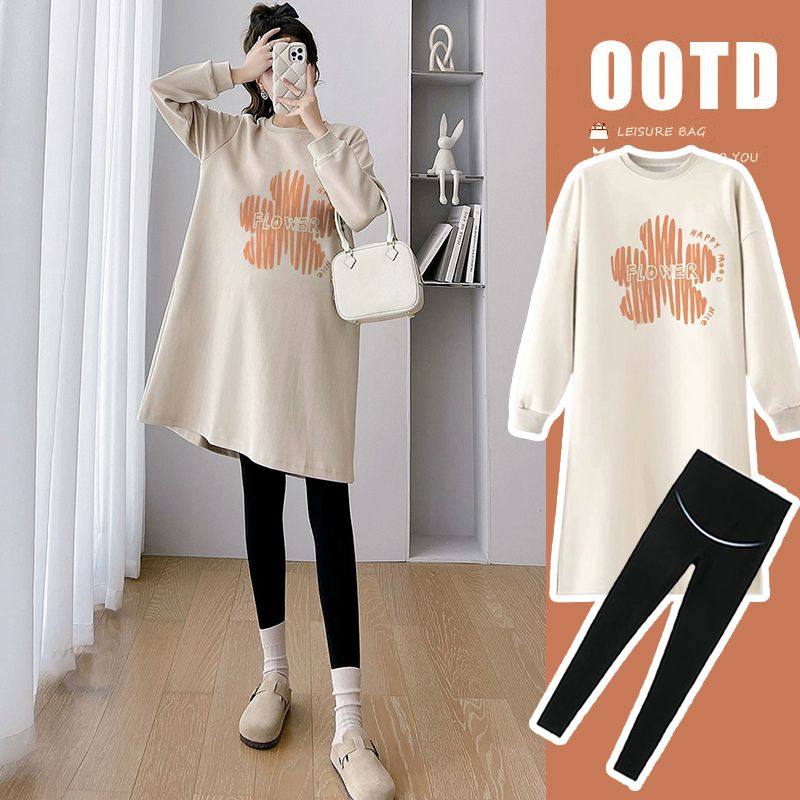 孕妇春秋装圆领纯棉连衣裙韩版宽松遮肚不显怀中长款卫衣裙两件套,淘宝优惠券,粉丝福利购,淘宝优惠卷