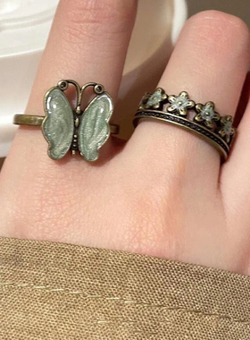 中古叠戴蝴蝶戒指复古vintage做旧高级感小众花朵开口指环女