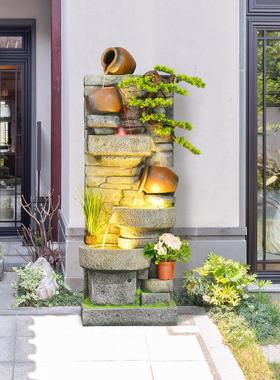 田园覆古磨石水幕墙屏风室外庭院鱼塘景观装饰新型中国风水车摆件