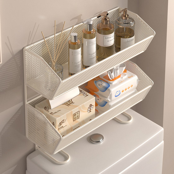 Bathroom storage artifact above the toilet shelf