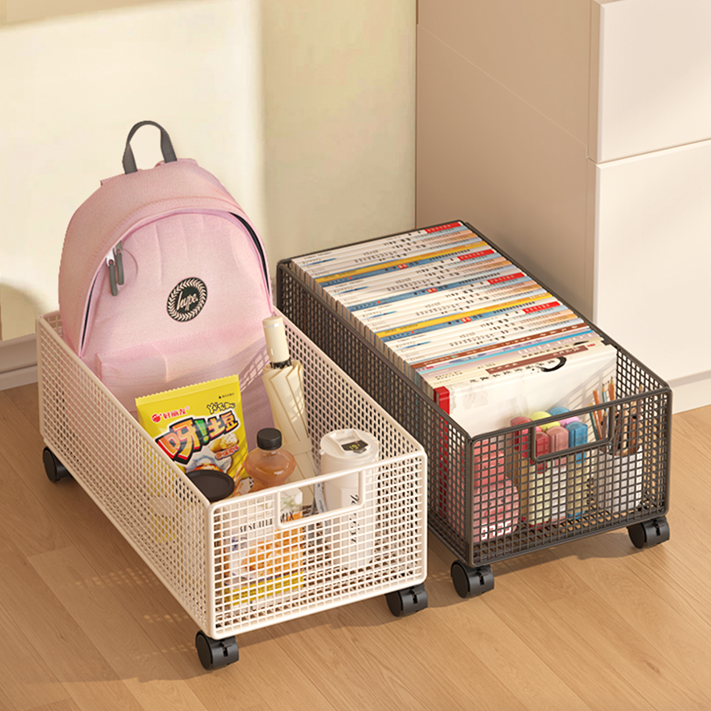 书本收纳箱学生教室用大容量书箱子桌下书包书籍带轮可移动收纳盒 - 图2