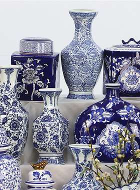 中式仿古青花瓷器将军罐花瓶摆件家居客厅书房玄关博古架装饰摆设