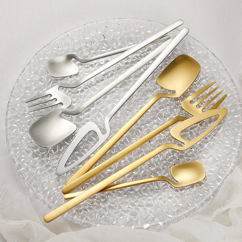 亚马逊304不锈钢挂壁牛排刀叉勺金色不锈钢勺子 家用砂光挂杯餐具,淘宝优惠券,粉丝福利购,淘宝优惠卷