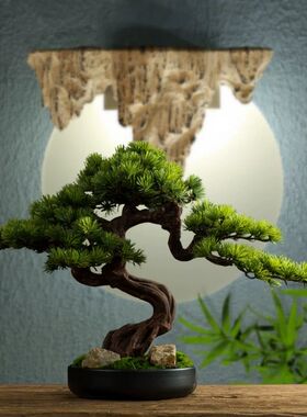 仿真客厅实木迎客松玄关假绿植黑松盆景办公室电视柜假树装饰摆饰