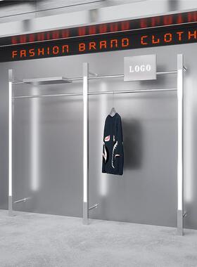服装店展示架上墙壁挂式不锈钢挂衣服架子带灯女装店专用陈列货架