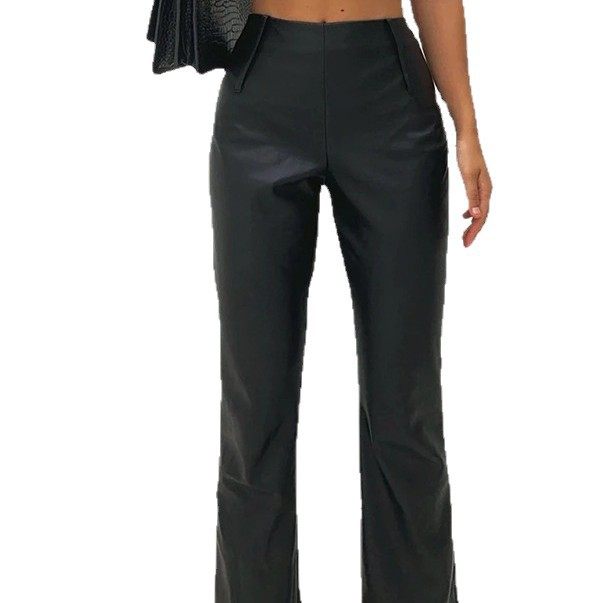 现货欧美风秋季新款女裤PU女皮裤通勤高腰喇叭裤长裤显腿长潮牌,淘宝优惠券,粉丝福利购,淘宝优惠卷