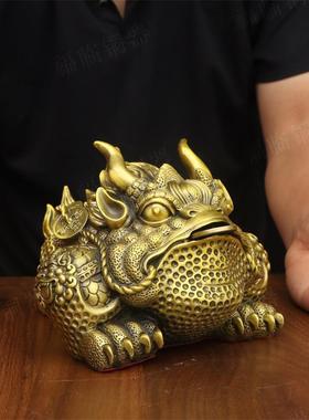 纯黄铜霸王金蟾三足蟾瑞兽摆件家用办公室财源滚滚铜金蟾装饰摆设