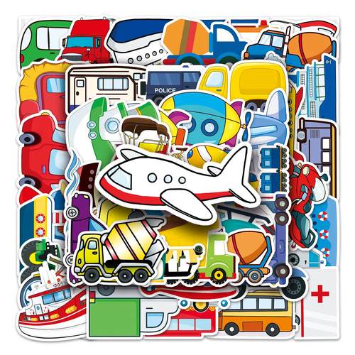 50张交通工具涂鸦个性跨境儿童奖励咕卡DIY手机行李箱贴纸防水 - 图0