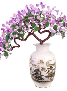 天然紫水晶新中式客厅家居玄关电视柜酒柜装饰品发财树别墅摆件