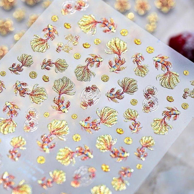 锦鲤新中式国风美甲贴纸好运连连鱼跃龙门烫金浮雕立体指甲贴装饰,淘宝优惠券,粉丝福利购,淘宝优惠卷