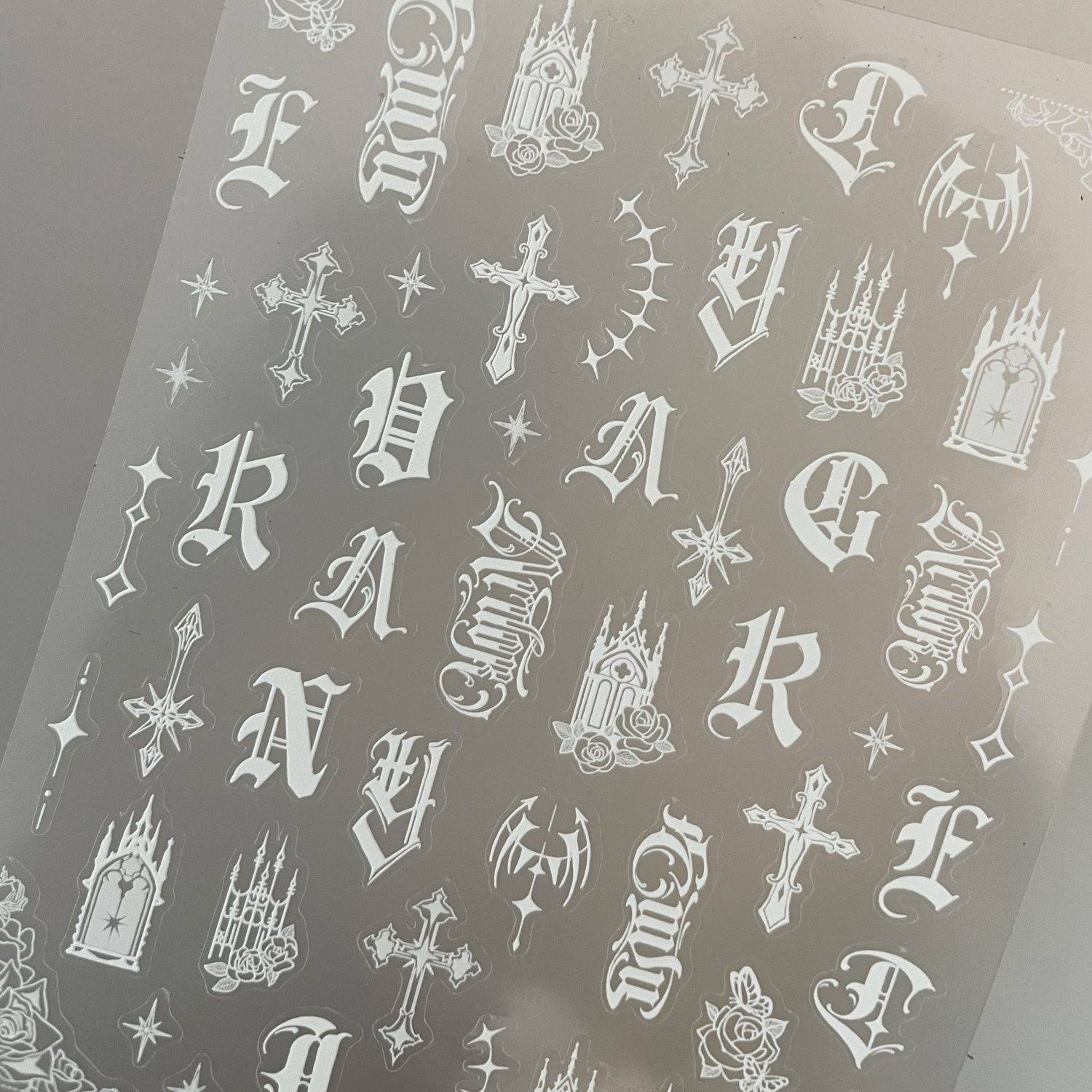 新款复古欧美哥特字母薄韧美甲贴纸暗黑辣妹十字架小众diy指甲贴,淘宝优惠券,粉丝福利购,淘宝优惠卷