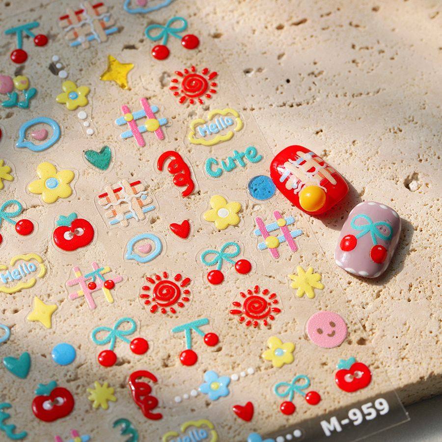 2025新款多巴胺涂鸦水果立体花园浮雕美甲贴纸小兔子可爱指甲装饰,淘宝优惠券,粉丝福利购,淘宝优惠卷