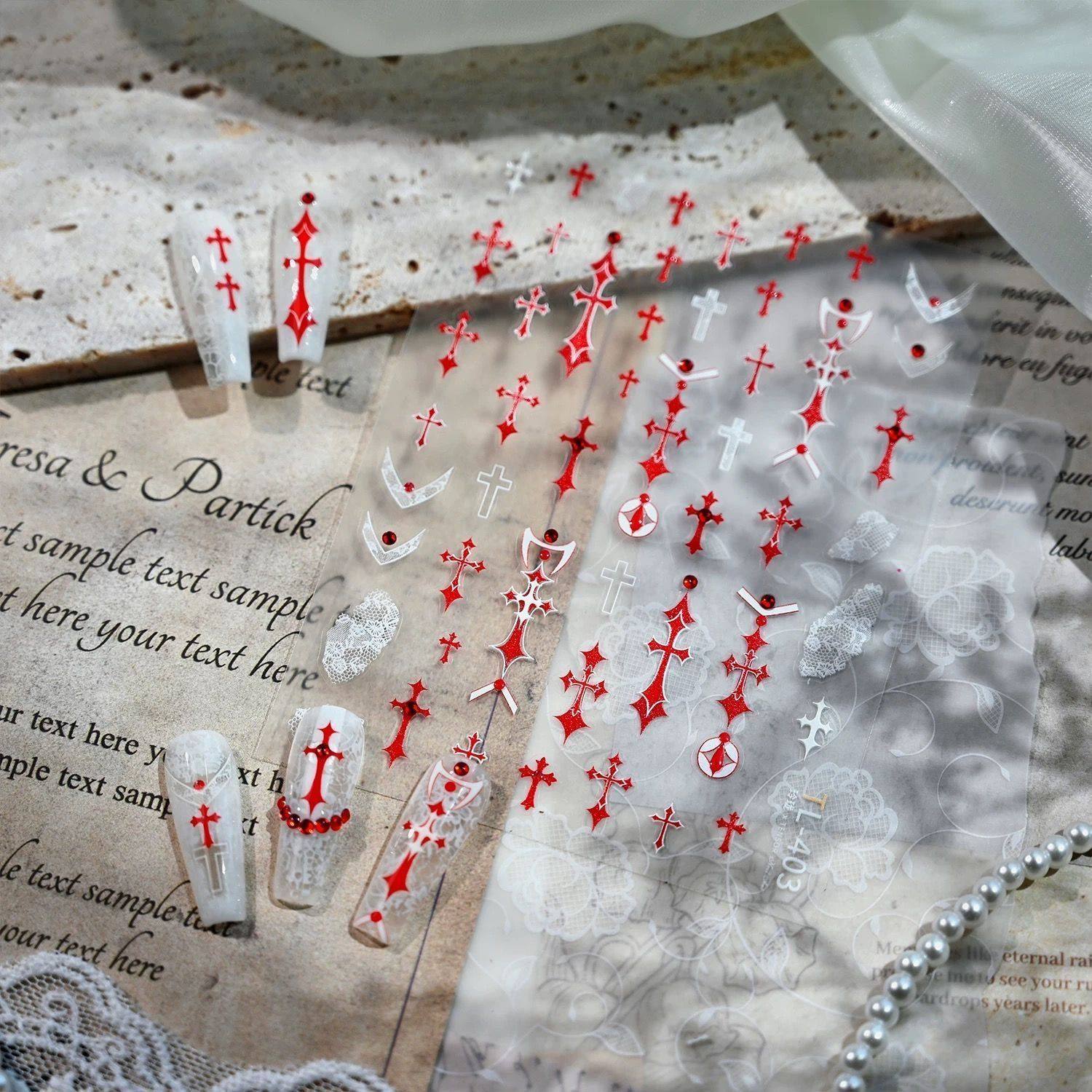 2025新款暗黑克罗十字架蕾丝美甲贴纸辣妹diy甜酷指甲高级装饰贴,淘宝优惠券,粉丝福利购,淘宝优惠卷