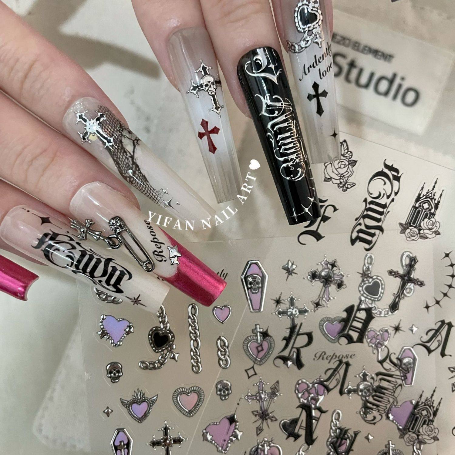 新款复古欧美哥特字母薄韧美甲贴纸暗黑辣妹十字架小众diy指甲贴,淘宝优惠券,粉丝福利购,淘宝优惠卷