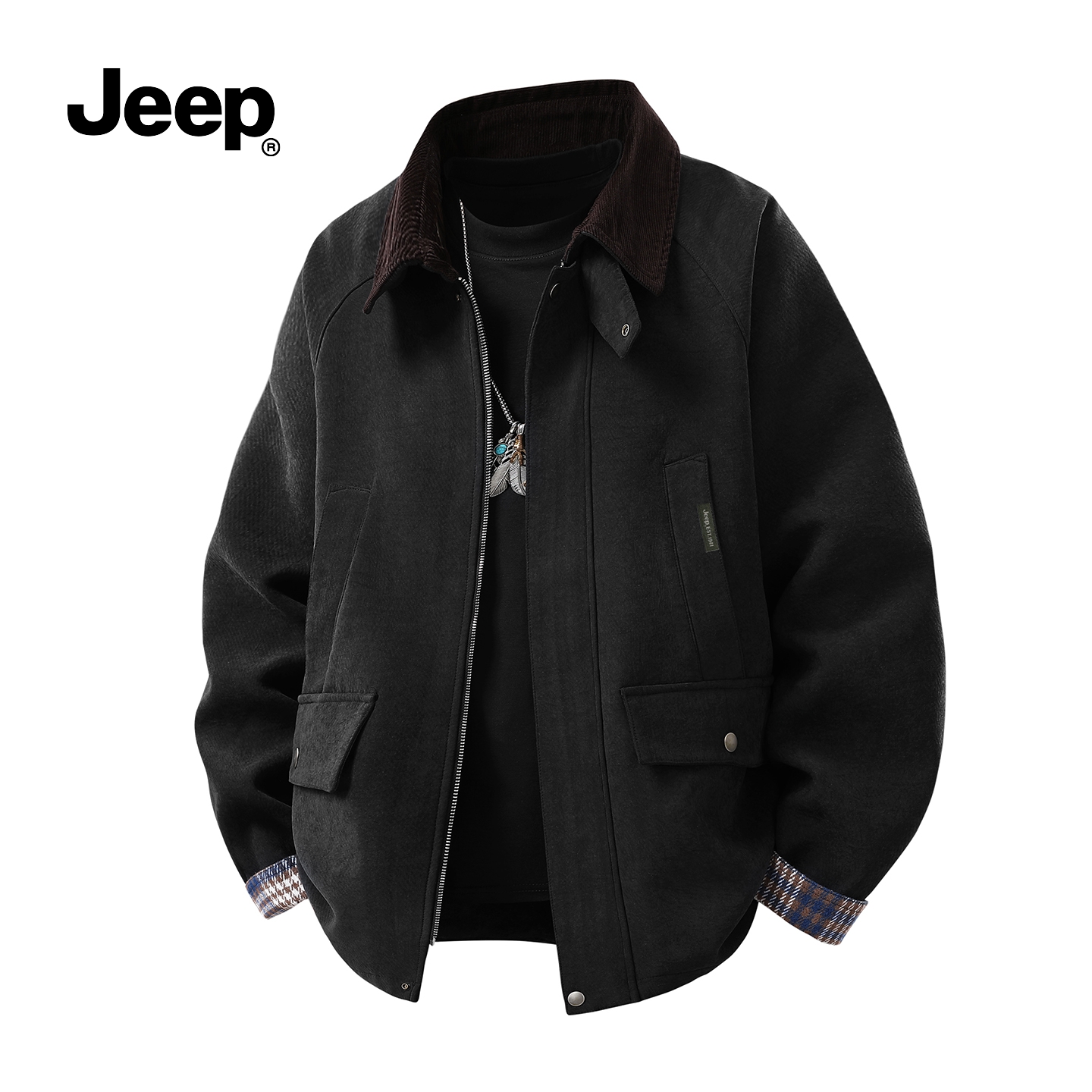 Jeep吉普美式复古夹克男2025秋季新款格子拼接宽松高级感上衣外套 - 图0