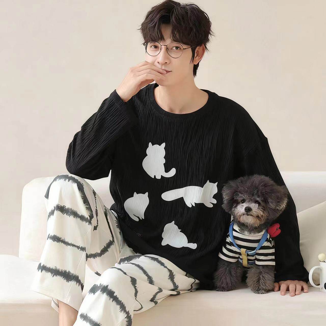 新中式国风竹叶睡衣女春秋款带胸垫长袖长裤甜美少女家居服套装bc