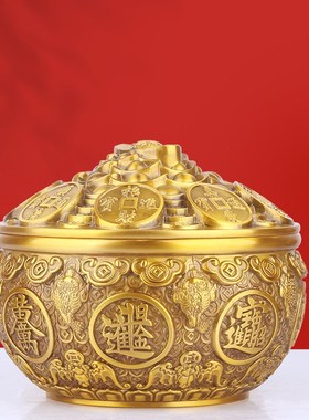 纯黄铜聚宝盆如意金蟾摆件带盖存钱罐客厅店铺装饰品开业送礼米缸