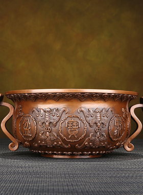 紫铜实心聚宝盆纯铜摆件新中式家居办公室桌面公司开业乔迁礼品