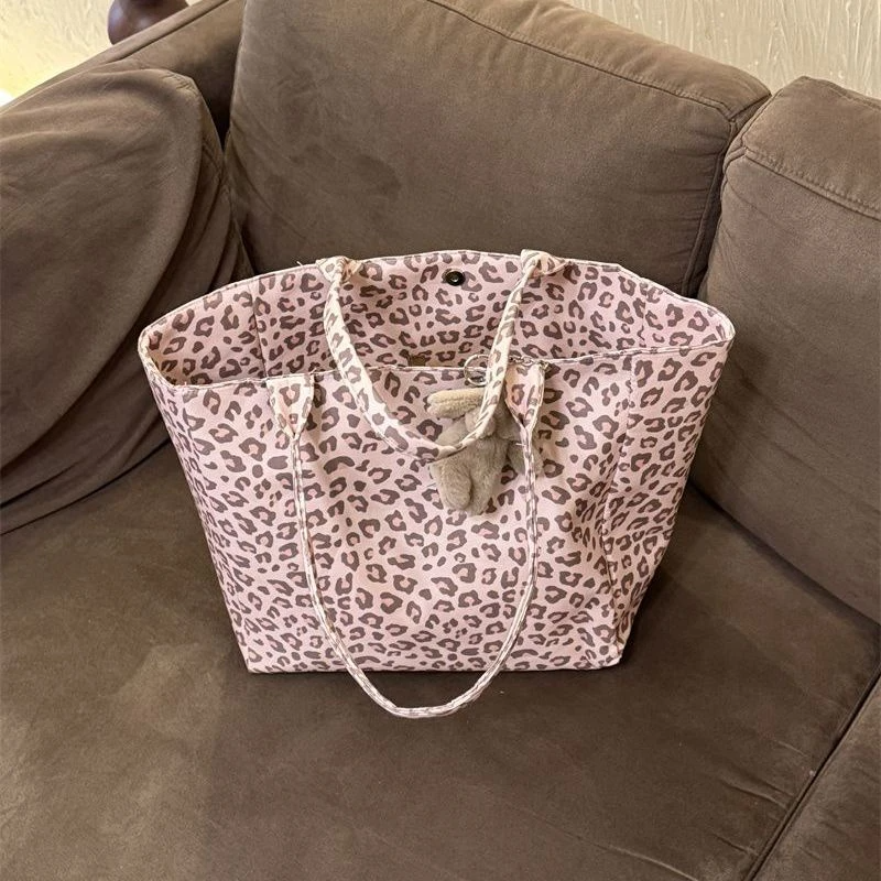 粉色豹纹帆布单肩包2025新款大容量通勤百搭时尚托特包手提购物,淘宝优惠券,粉丝福利购,淘宝优惠卷