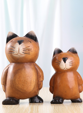 极速泰国进口东南亚风格实木可z爱小猫木雕家居摆件桌面装饰小猫
