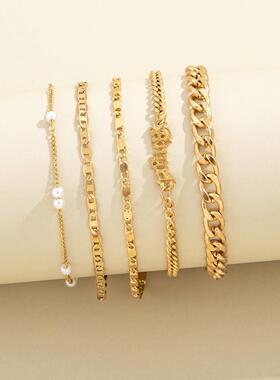 5Pcs Trendy Chain Brlet Set For Women Angel Letter Gold S新