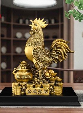 铜公鸡摆件黄铜金鸡吉祥物聚宝盆生肖鸡工艺品客厅卧室装饰品大号