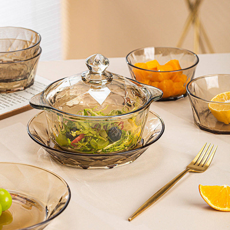 【可美瑞特】山水之间北欧钻石棱格茶色煲玻璃碗盘7件套,淘宝优惠券,粉丝福利购,淘宝优惠卷