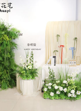 韩系周岁森系花柱场景布置生日拍照道具牛角拱门仿真花迎宾花