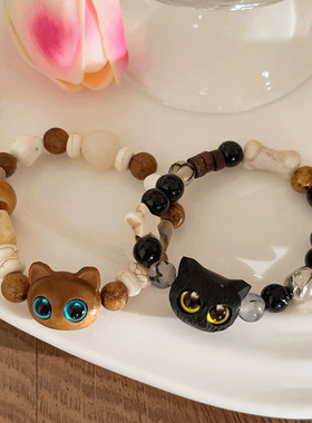 小众设计天然石小猫串珠手链女高级感时尚情侣闺蜜陶瓷手串手