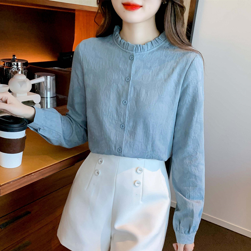 春秋装2025年新款时尚减龄提花纯棉衬衫女洋派全棉木耳领上衣长袖 - 图2